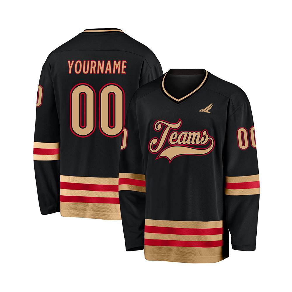 Custom Black Gold-Red Hockey Jersey