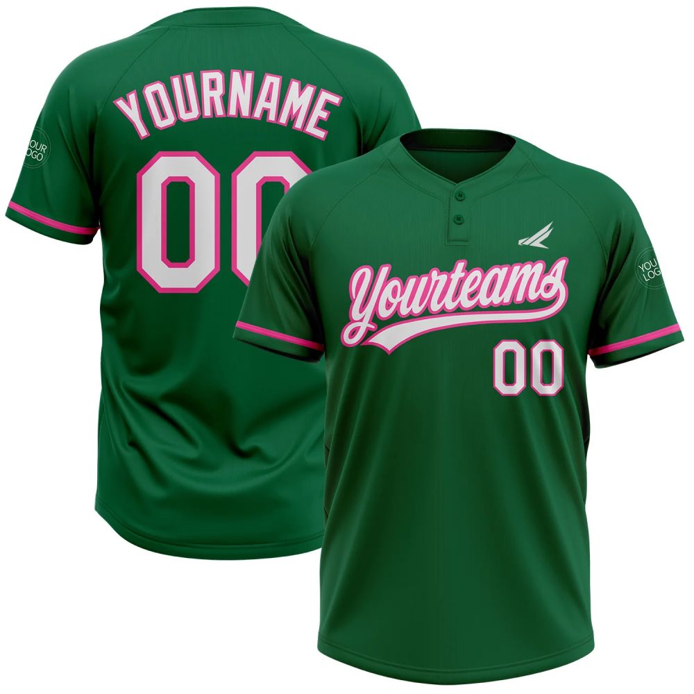 Custom Kelly Green White-Pink Two-Button Unisex Softball Jersey