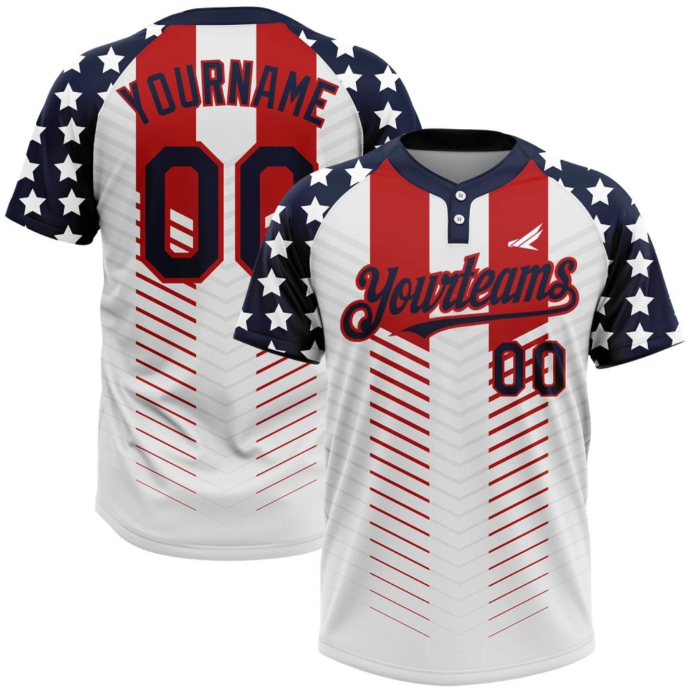 Custom White Navy-Red 3D American Flag Fashion Softball Jersey