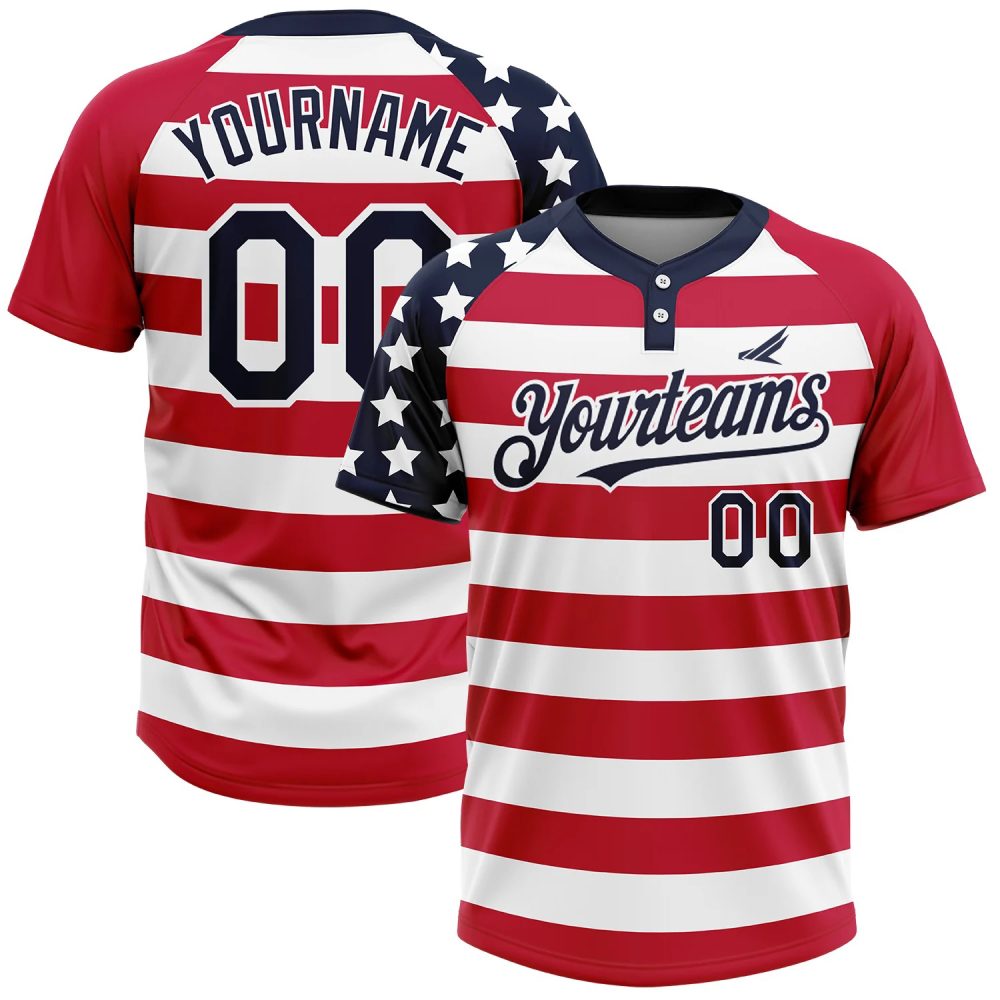 Custom White Navy-Red Fashion Two-Button Softball Jersey..