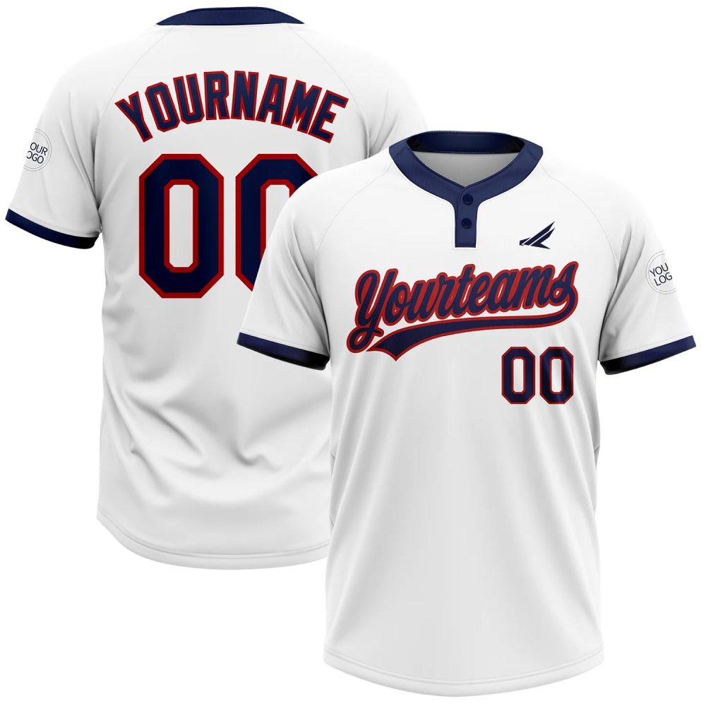 Custom White Navy-Red Two-Button Unisex Softball Jersey
