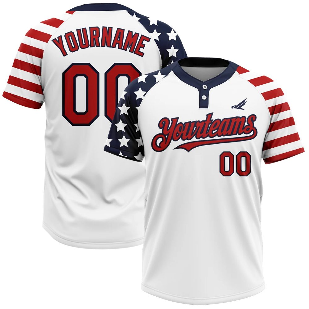 Custom White Red-Navy 3D American Flag Fashion Two-Button Unisex Softball Jersey